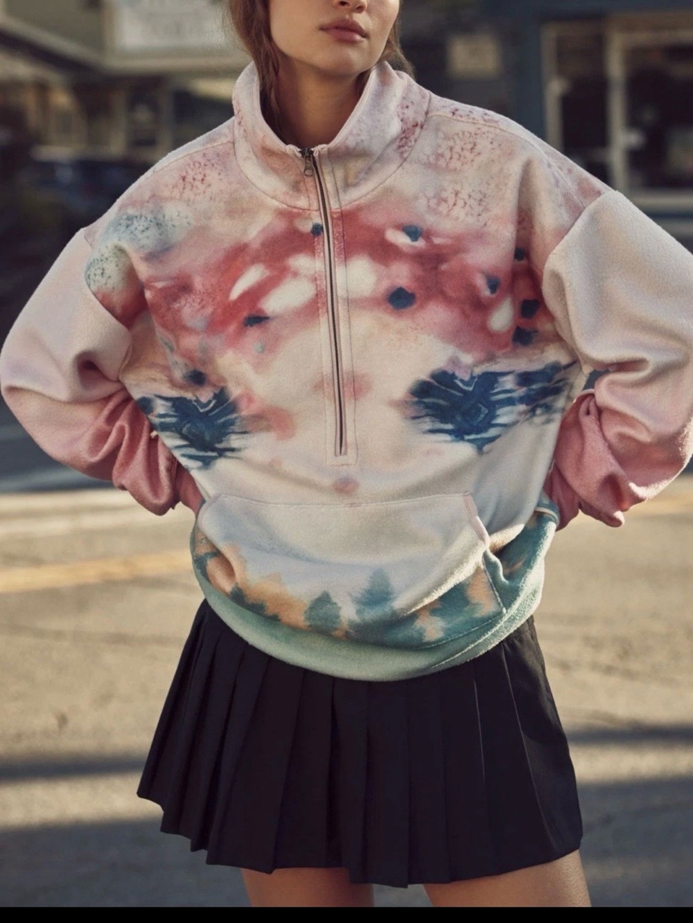Anthropologie Pink Multi Tie-Dye Half-Zip Fleece Pullover